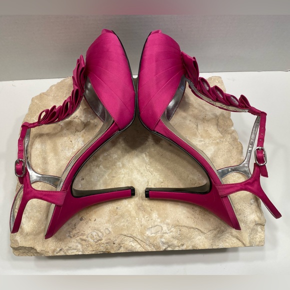 Nina Hot Pink Satin Platform Peep Toe T-Strap Formal High Heels Sz 10 - Picture 3 of 9